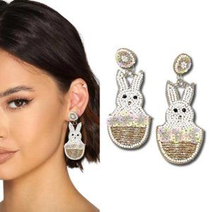 Seed Beaded & Sequin Sparkle NEW Easter Bunny Rabbit Basket Gift Dangle Earrings